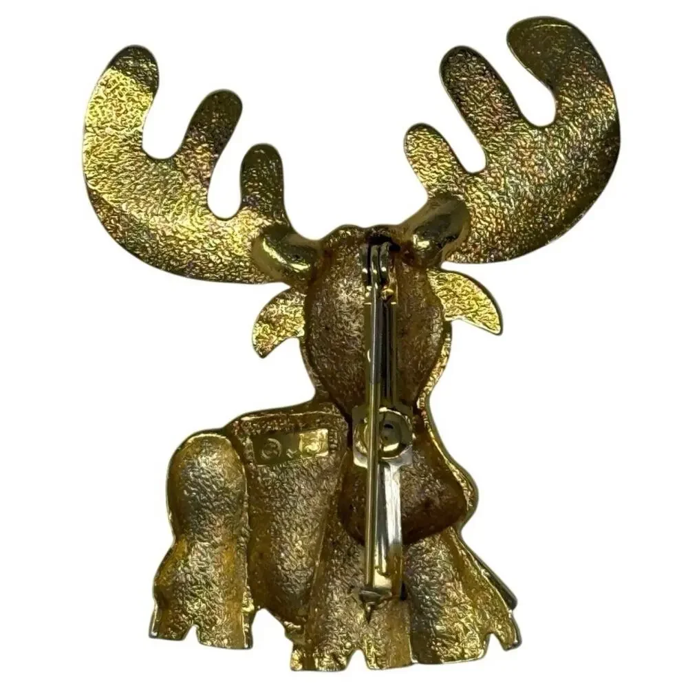Vintage 90s Gold Tone Moose Brooch Animal Pin Large Antlers Costume Jewelry
